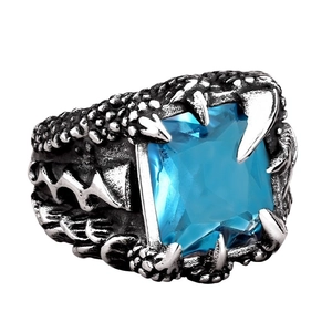 Vintage dragon claw ring for men featuring a blue cubic zirconia in stainless steel