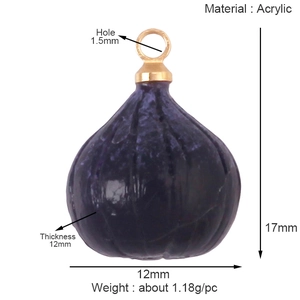 Detail view of purple acrylic fruit charm with precise dimensions and weight specs