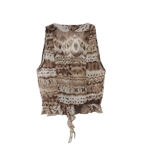 Sleeveless ruffled top with brown abstract print and hem tie design on white background