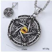 Detailed 37mm stainless steel circular pendant necklace with yellow stone and vintage texture