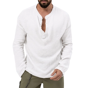 Detail of white long sleeve Henley shirt featuring crinkle texture cotton linen fabric