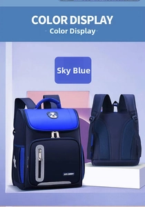 Front and back view of sky blue school bag with breathable mesh pads and S-shaped straps