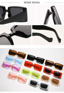 Detail view of square sunglasses hinges, nose pads, and 11 vibrant color options