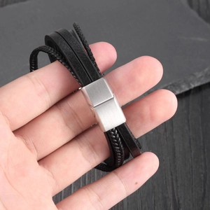 Classic multilayer black leather woven bracelet with silver magnetic steel clasp for men