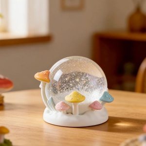 Close-up of a DIY colorful mushroom snow globe with glitter and white cloud base