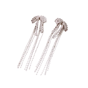 Silver bow tassel earrings with sparkling rhinestones for an elegant luxury style