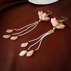 Pink Glazed Lotus Flower Tassel Dangle Earrings With Faux Artificial Pearl Seed Bead And Stainless Steel Earring Post