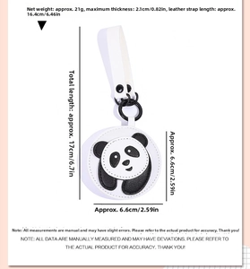 Detailed size chart of the cute panda leather keychain showing dimensions and weight