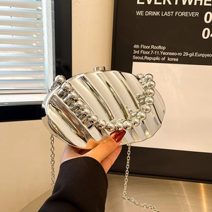 Silver mirror acrylic shell shaped evening clutch bag with pearl bead handle and chain strap