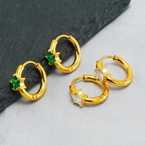 Chic gold-plated hoop earrings featuring star-cut emerald green and white zircon stones