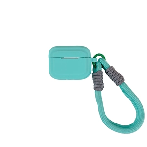 Lime green silicone case for AirPods with matching woven lanyard on white background