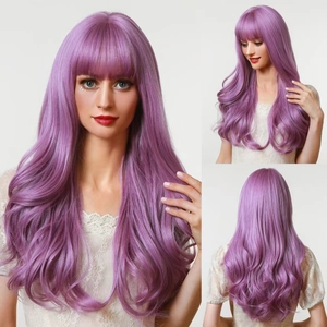 Three-way view of purple long wavy wig with bangs, showcasing front and back texture