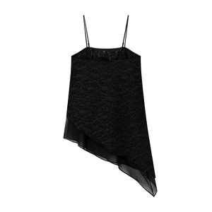 Haut femme sans manches en dentelle noire avec ourlet en mousseline asymétrique