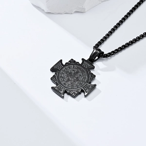 Saint Benedict black stainless steel cross necklace with engraved medallion on stone base