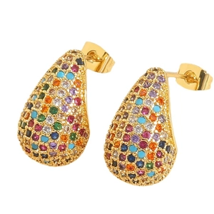Gold teardrop earrings featuring multi-color micro-pave crystals and hollow design