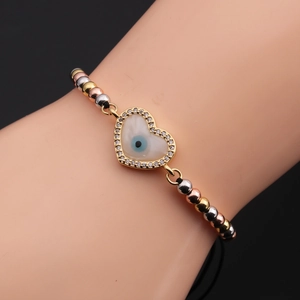Three-color beaded heart evil eye bracelets in gold silver and rose gold finishes
