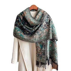Ethnic paisley tassel shawl in dark green and brown, versatile retro holiday cape scarf