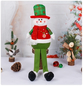 Detailed plush Christmas snowman doll with sequin hat and scarf in festive holiday setting