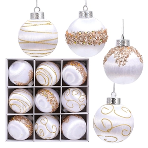 Set of 9 white and gold 8cm foam Christmas ornaments with assorted glitter patterns