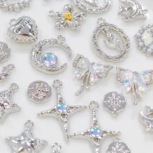 Silver Alloy Jewelry Charms Pendants Rhinestone Iridescent Bead Bow Star Moon Heart Cross For DIY Necklace Bracelet Making Sweet Ethereal Style