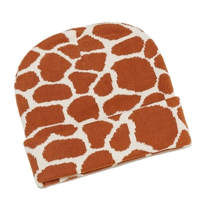 Winter knitted beanie featuring realistic brown giraffe pattern and folded wide brim design