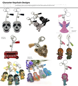 Detailed grid of rhinestone baseball keychains with tassels and bells in various shapes