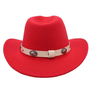 Detailed view of red Western felt cowboy hat featuring silver vintage metal buckles