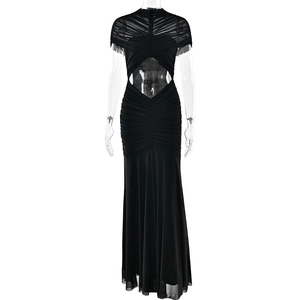 Elegant black evening gown with mesh neckline, waist cutout and ruched fishtail hemline