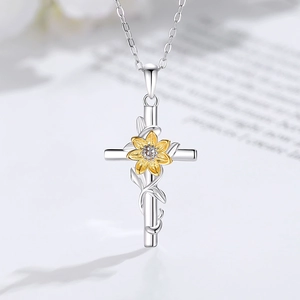 Elegant S925 silver cross necklace with golden sunflower pendant and fine metal chain