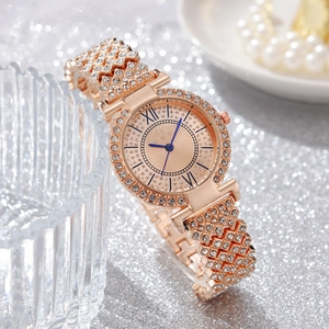 Rose gold quartz watch for women with rhinestones, roman numerals and blue hands on glitter