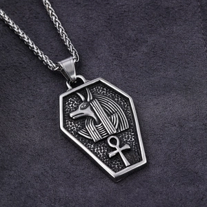 Silver Anubis pendant necklace in stainless steel with Egyptian life symbol Ankh motif