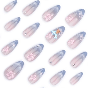 Blue cat-eye gradient almond press-on nails with 3D floral and cat design