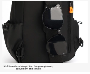 Detail of crossbody bag shoulder strap showing sunglasses hanging loop and orange zipper