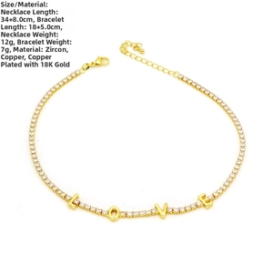Detailed view of 18K gold plated LOVE necklace and bracelet dimensions with zircon inlay
