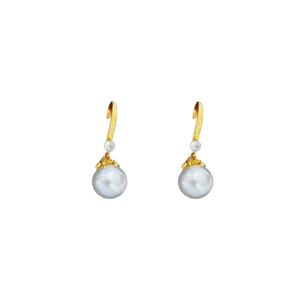 Elegant 14K gold plated pearl hook earrings featuring round white pearls and cubic zirconia