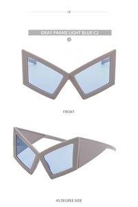 Front and 45 degree side views of oversized gray geometric sunglasses with light blue lenses