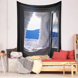 Bohemian winter landscape tapestry with snowy window and blue mountains view