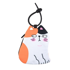 Cute tricolor cat coin purse and portable earphone storage pouch with black elastic strap