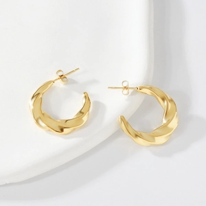 Classic 18K gold plated stainless steel twisted C-shape hoop earrings for women