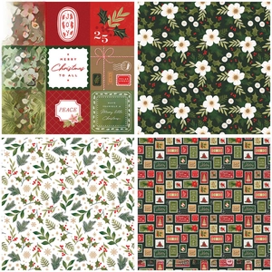 Close-up of vintage Christmas floral patterns with holly leaves and merry greetings