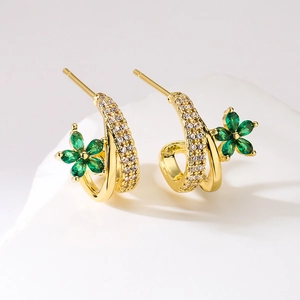 18K gold plated hoop earrings with green zircon flower and sparkling crystal accents