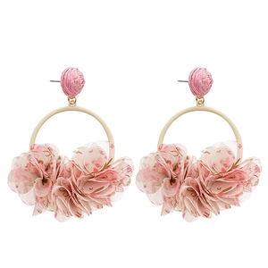 Elegant pink fabric flower drop earrings with woven raffia stud for a sweet spring look