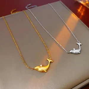 Minimalist whale zircon pendant necklace in matte gold and silver finish for women