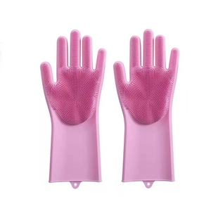Pink silicone grooming gloves with dense bristles for pet massage and bathing