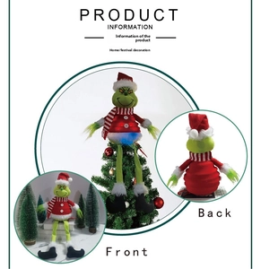 Detailed front and back views of a plush Grinch Christmas tree topper decoration