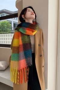 Gros plan sur une écharpe à carreaux colorée avec texture douce et détails de franges