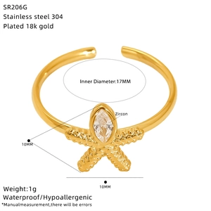 Detail of 18K gold plated starfish open ring with marquise zircon and size annotations