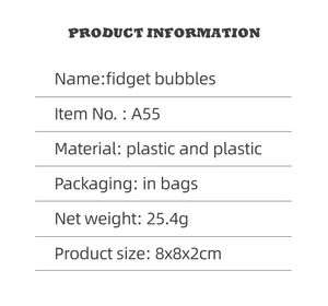 Especificaciones técnicas del fidget bubbles spinner con datos de material y medidas