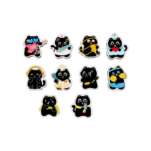 Set of 10 cute cartoon black cat acrylic brooches featuring various roles on white background