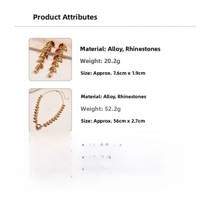 Detailed size and material specification chart for vintage rhinestone wheat leaf necklace set